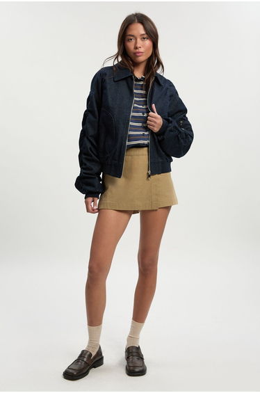 Ruched Sleeve Denim Bomber Jacket - dark indigo