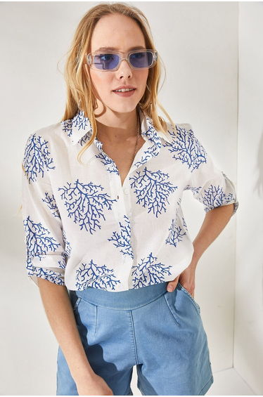 Women's Bush Blue Folding Sleeves Linen Shirt