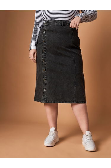 Plus Size Acid Wash Midi Skirt with Side Button Details
