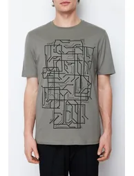 Khaki Men's Basic Slim Geometric Printed Short Sleeved 100% Cotton T-Shirt - 3