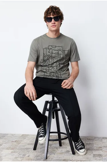 Khaki Men's Basic Slim Geometric Printed Short Sleeved 100% Cotton T-Shirt