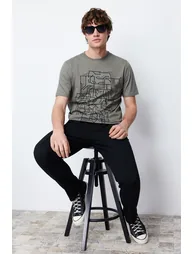 Khaki Men's Basic Slim Geometric Printed Short Sleeved 100% Cotton T-Shirt