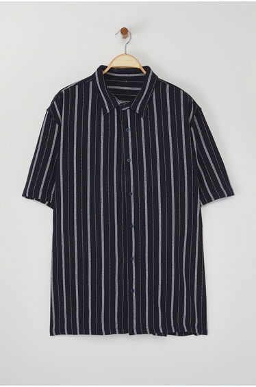 Black Oversize Fit Short Sleeve Striped Etamine Summer Shirt