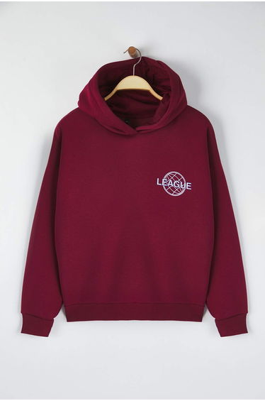Burgundy Back Print Detailed Hooded Thick Fleece Inside Knitted Plus Size Sweatshirt