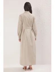 Beige Shirt Collar Fabric Belted Woven Dress - 3