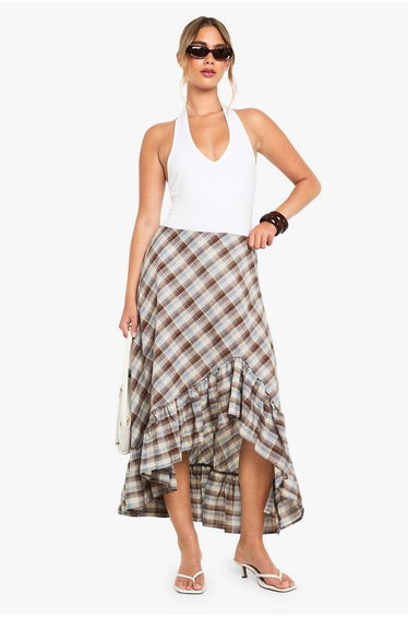 Check Ruffle Asym Midi Skirt - brown
