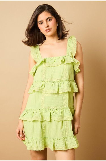 Broderie Tiered Detail Strappy Mini Dress