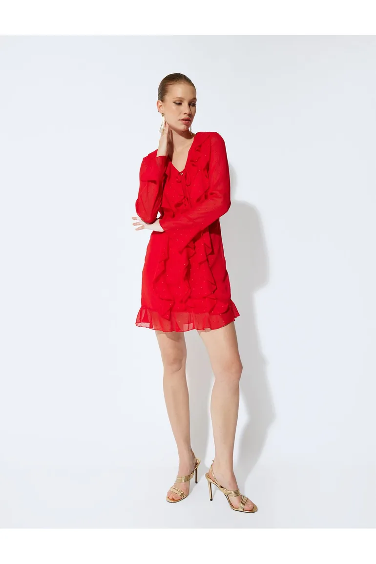 Mini Chiffon Dress Long Sleeve Ruffle Detail Flounced V-Neck Koton Red :  Party Dresses : VogaCloset Oman