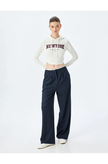 Long Sleeve Slim Fit Ribbed Printed Hooded Crop T-Shirt