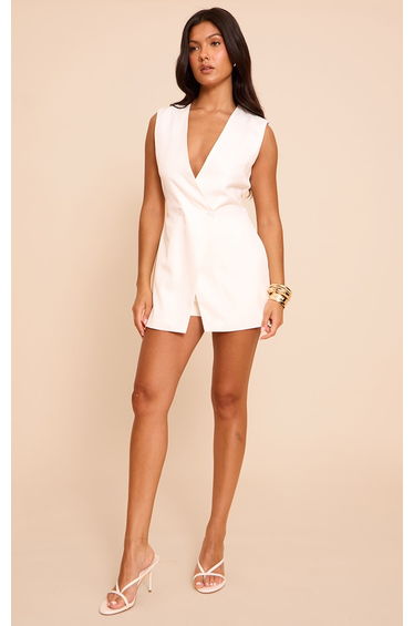 White Woven Asymmetric Waistcoat Playsuit