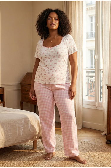 Ecru-Pink Floral Knitted Plus Size Pajama Set