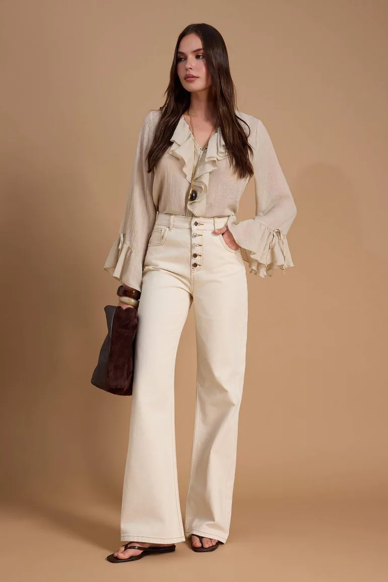 Ecru High Waist Straight/Straight Cut 100% Cotton Jeans - 1