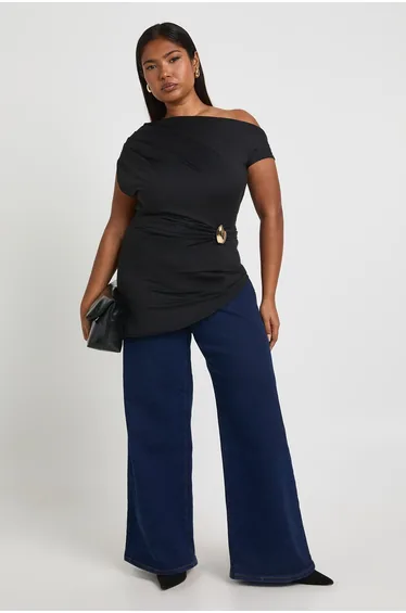 Plus Gold Trim Off Shoulder Top - black