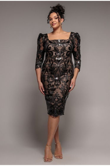 Goddiva Plus Square Neck Scalloped Embroidered Sequin Midi Dress - Black