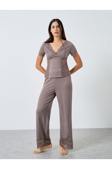 Lace Trim V Neck Top and Pyjama Set