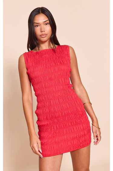 Red Boat Neck Shirred Bodycon Dress