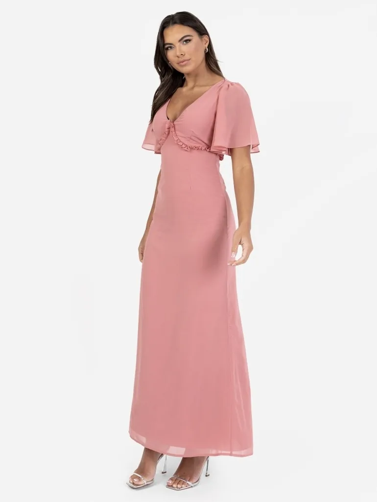 anaya pink dress Anaya Jaquard Puff Sleeve Cut Out Back Maxi Dress in Pink