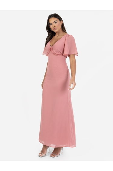 Anaya With Love Recycled Dusty Rose V Neck Short Flutter Sleeve Maxi Dress with Frill Detail