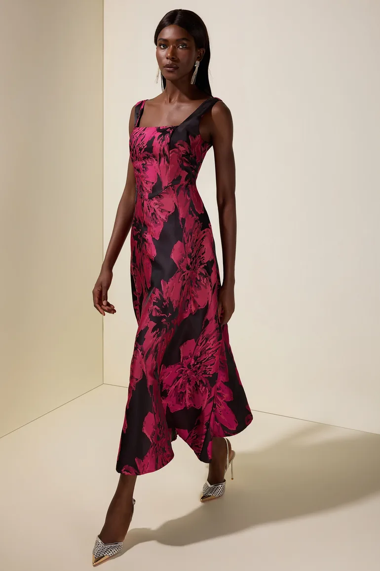 Jacquard Square Collar Sleeveless Midi Dress - 5