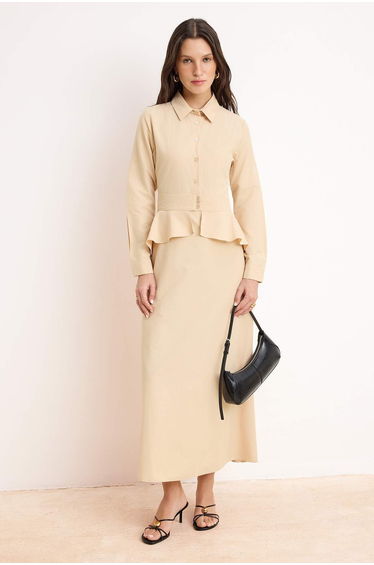 Beige Unlined Plain Woven Terrycotton Hijab Dress