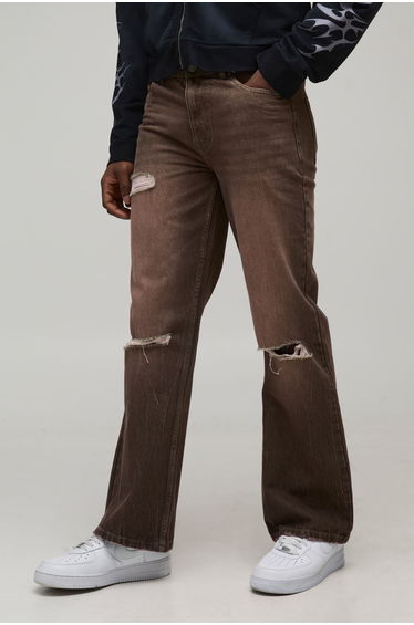Straight Flared Knee Ripped Washed Denim Jeans - brown