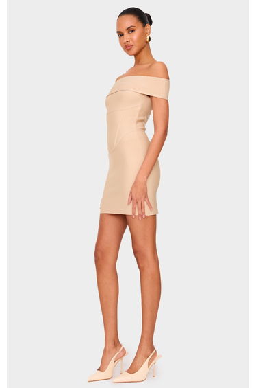 Beige Bandage Corset Detail Off The Shoulder Mini Dress