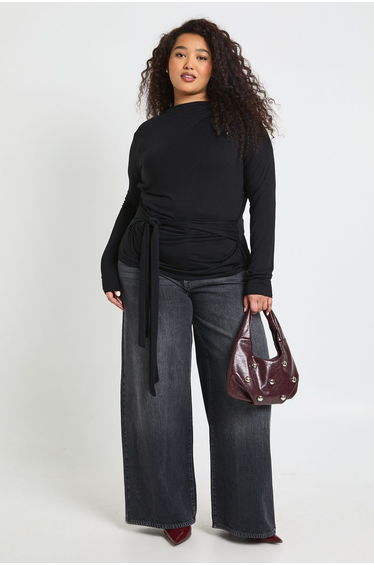 Plus Long Sleeve Tie Waist Top - black