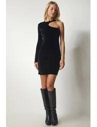 Women's Black One-Shoulder Mini Corduroy Dress