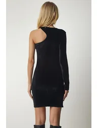 Women's Black One-Shoulder Mini Corduroy Dress - 4