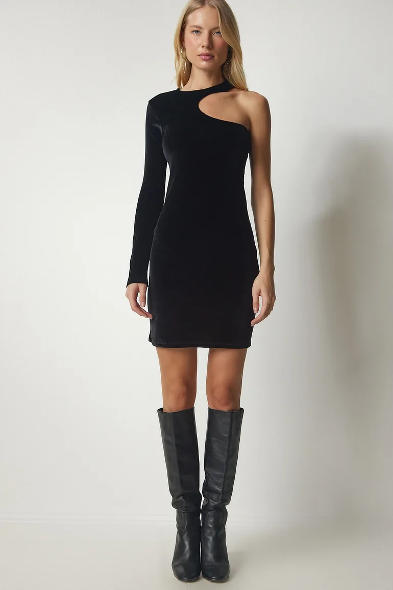 Women's Black One-Shoulder Mini Corduroy Dress - 1