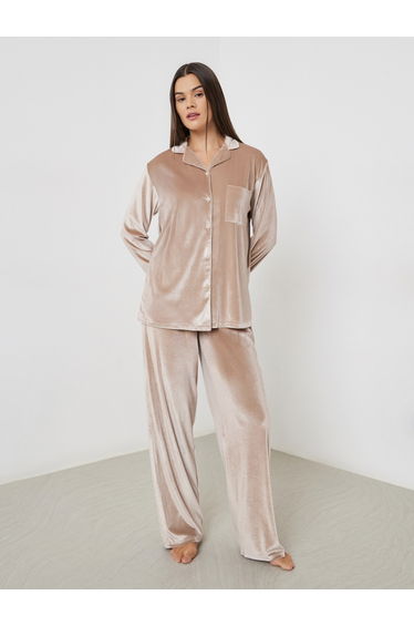 Velvet Button Placket Shirt and Pyjama Set