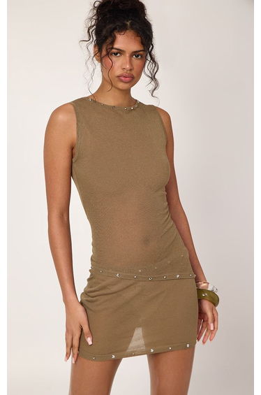 Dark Khaki Stud Detail Sheer Knit Racer Vest