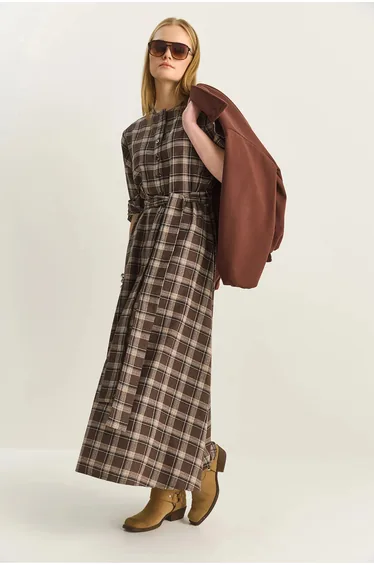 LUCCI Plaid Midi Dress with Belt