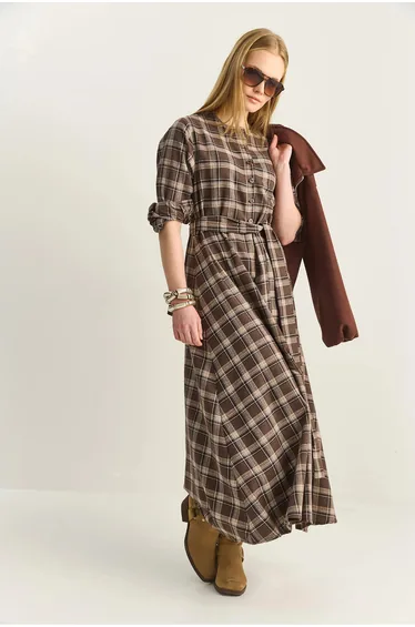 LUCCI Plaid Midi Dress with Belt