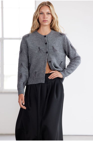 Limited Edition Anthracite Stone and Feather Detailed Knitwear Cardigan