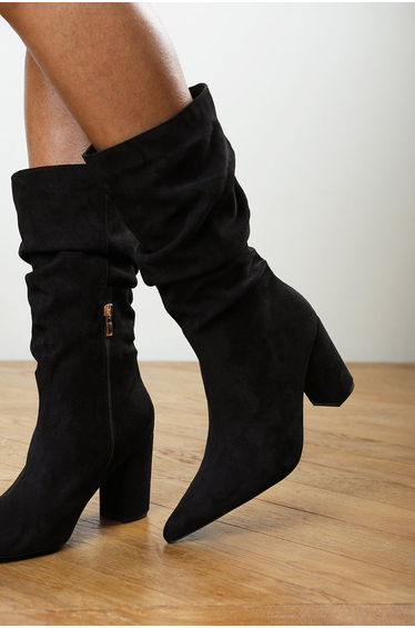 Lilyana Ruched Heeled Calf Boot In Black Suede