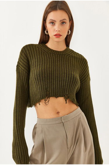 Women's Crew Neck Ripped Detail Crop Knitwear Sweater