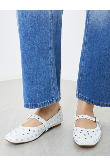 White Embellished Buckle Ballerina Shoes