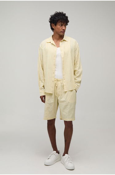 Stripe Poplin Curved Hem Embroidered Oversized Long Sleeve Shirt & Baggy Short Set - yellow