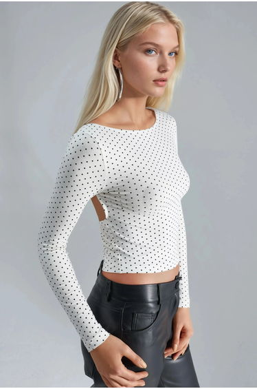 BUSEM Polka Dot Slim Fit Crop Blouse with Back Detail