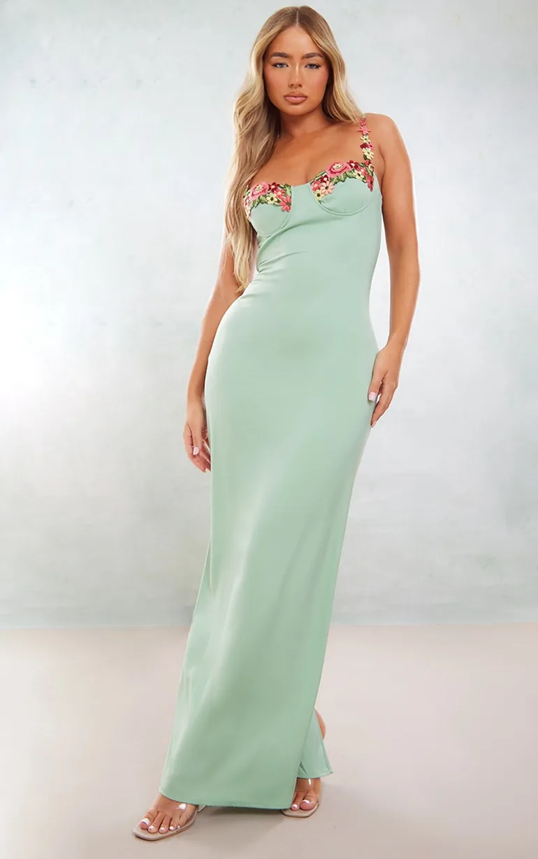 sage green satin floral applique underwired strappy maxi dress Women's Sage Green Satin Floral Applique Underwired Strappy Maxi Dress