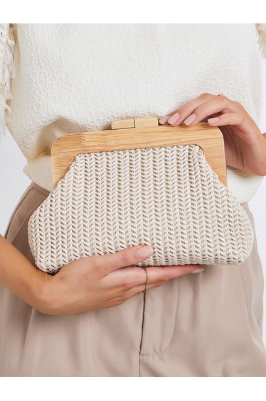 Beige Woven Clutch with Wooden Frame