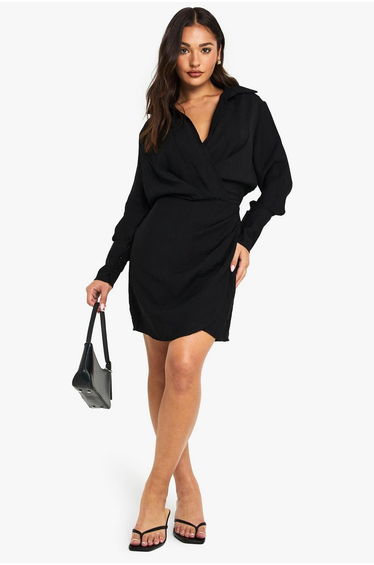 Tall Collared Wrap Shirt Dress - black