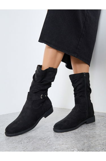 Black Suede Look Buckle Detail Boots