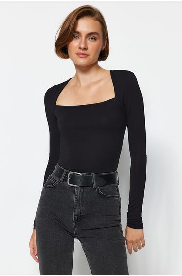 Black Cotton Stretchy Square Collar Fitted/Slip-On top