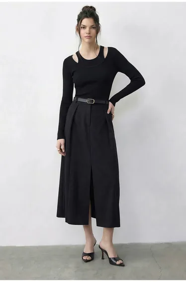 LUCCI High Waist Midi A-Line Skirt with Belt