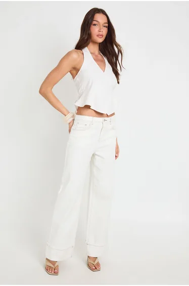 Linen Look Halterneck Wrap Top - natural