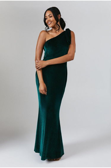 Bow One Shoulder Velvet Maxi Dress