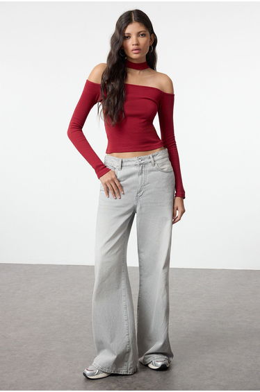 Burgundy Carmen Collar Choker Detailed Fitted Crop Ribbed Knitted Top