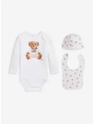 طقم هدية أطفال بناتي بنقشة دبدوب لون أبيض